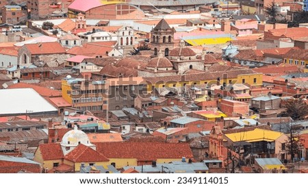 Distant view of the roofs and houses in Potosi city and several churches and temples as San Francisco Cathedral. Bolivia, Southamerica.