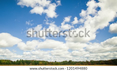 A distant wheat field and dense tree line form a thin strip across the bottom of this beautiful summer landscape, filled mostly by a pastel blue sky and fluffy clouds in Michigan’s farm country.