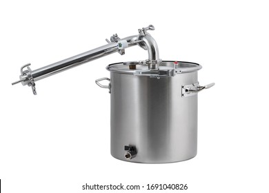 Distiller - rectifier for the production of moonshine in assembled form, metal saucepan with a tap and a chrome column - Powered by Shutterstock