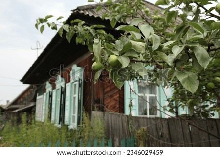 Distinctive vintage old wooden village house in Russian style with traditional retro shutters. Viktor Astafyev House-Museum, Eastern Siberia, Russia.