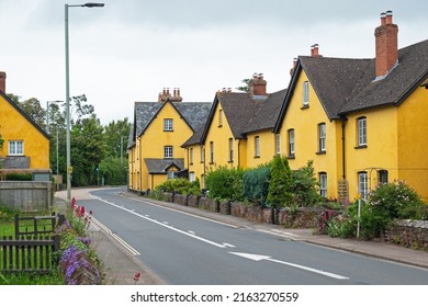 Distinctively painted cottages lining a village roadside in East Devon, UK