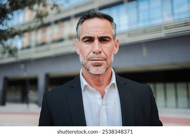 Distinguished Middle Aged Executive in Classic Black Suit Poses Confidently Outside Modern Corporate Building, Portraying Professional Mature Business Man with Authority and Seasoned Experience. High - Powered by Shutterstock