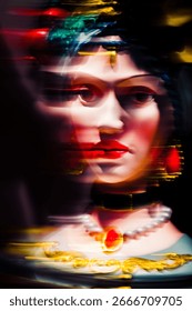 Distorted bust portrait blurring identity and surreal beauty in fractured ghostly abstraction.