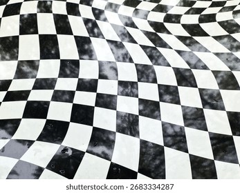 Distorted checkered pattern with a wavy, warped surface creating an abstract black and white optical illusion
