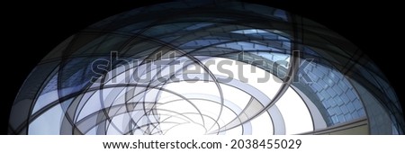 Distorted photo of modern architecture in hi-tech style.  Curvy structure of glass wall with metal frames. Financial business building exterior. Geometrical pattern of oval shapes.