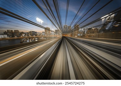 Distorted reality and blur from inside the train of Yurikamome line in Tokyo.