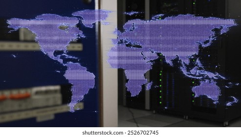 Distorting purple digital world map over computer server room. Global communication network, data and digital interface technology, digitally generated image.