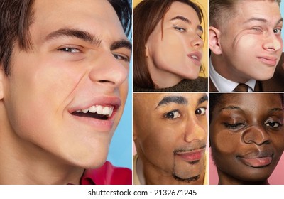 Distortion Of The Facts, Reality. Close-up Faces Of Young Girls And Boys Crushed On Glass Isolated On Colored Background. Concept Of Human Emotions, Diversity. Models Leaning Against Glass