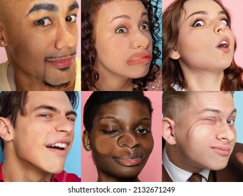 Distortion Of The Facts, Reality. Close-up Faces Of Young Girls And Boys Crushed On Glass Isolated On Colored Background. Concept Of Human Emotions, Diversity. Models Leaning Against Glass