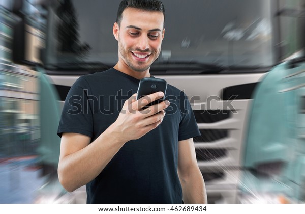 Distracted man going to be hit by a truck while
using his cellphone