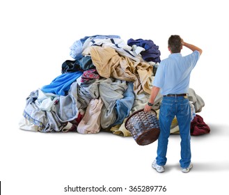 A Distraught Man With His Hand To His Head And A Laundry Basket In His Hand Is Standing In Front Of A Giant Pile Of Dirty Clothes Overwhelmed By This Household Chore