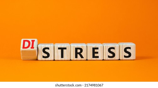 Distress or stress symbol. Turned the wooden cube and changed the concept word Distress to Stress. Beautiful orange table orange background, copy space. Psychlogical and stress or distress concept. - Shutterstock ID 2174981067