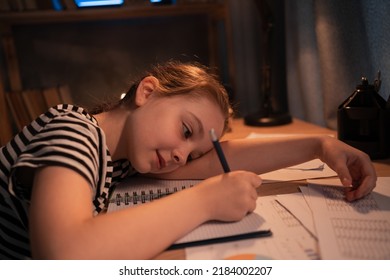 Distressed Girl Gives Up, Child Do Online Elementary School Homework At Night. Stubborn Kid Refuses To Study Sick And Tired Of Virtual Class, Homeschooling Concept