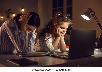 Distressed Helpless Desperate Young Parent Lacks Knowledge, Gives Up And Cries Failing To Help Child Do Online Elementary School Homework. Stubborn Kid Refuses To Study Sick And Tired Of Virtual Class