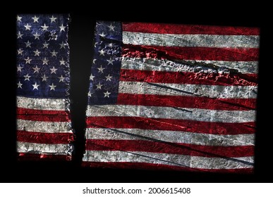 Distressed pattern US flag split in two -- American political division concept                               