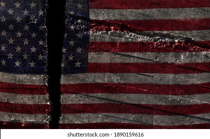 Distressed US flag split in two -- American political division concept                               
