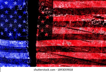 Distressed US flag split in two with red and blue                              
