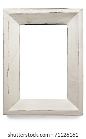 Distressed White Painted Picture Frame, Isolated On White.