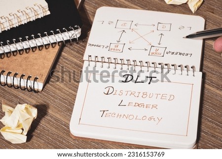 Distributed Ledger Technology (DLT) handwritten in notepad with it's protocols on desk. Selective focus.