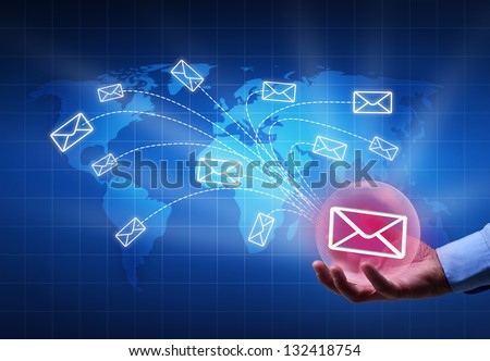 Distributing information in a digital world concept - bubble radiating mail envelopes