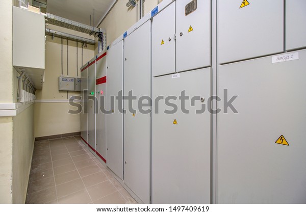Distribution board. panelboard, breaker panel, or\
electric panel) is component of electricity supply system. divides\
an electrical power feed into subsidiary circuits. electrical\
cabinet. Moscow\
2019