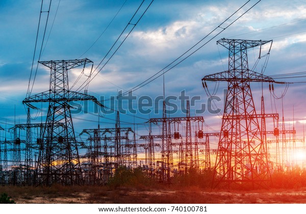 distribution electric substation with power\
lines and\
transformers.