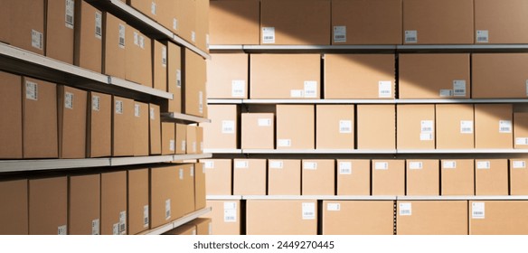 Distribution warehouse interior with many delivery boxes on shelves - Powered by Shutterstock