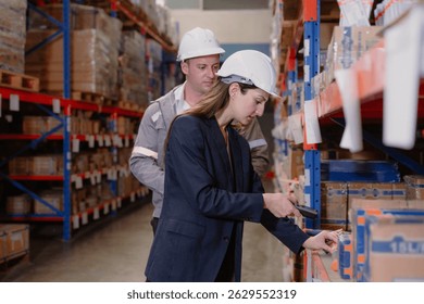 Distribution warehouse manager and client businesswoman using digital tablet checking inventory storage on shelf. Storehouse business worker and logistic engineer standing together at storage service