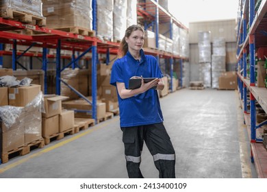 Distribution warehouse worker using digital tablet checking inventory storage on shelf. Female inventory supervisor or logistic engineer working at storage room in storehouse. Goods supply management