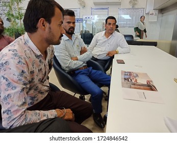 District Katni, Madhya Pradesh, India - February 10, 2020: Indian People Seating Togather At Showroom For Buying Latest Car Model.