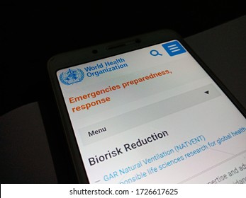 District Katni, Madhya Pradesh, India - May 04, 2020: WHO World Health Organization Application Software Displayed On Smart Phone Screen Isolated.