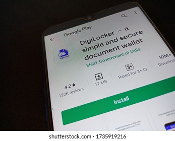 District Katni, Madhya Pradesh, India - May 04, 2020: Digilocker A Simple And Secure Document Wallet Advance Android Apps Displayed On Smart Phone Screen At Google Finder Portal.