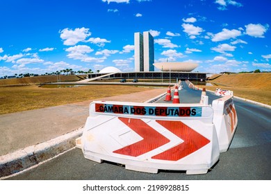 Brasília, Distrito Federal, Brasil. Aug, 22, 2022. Chamber Of Deputies And The Palace Of The National Congress. Traffic Cone. Security And Police Congress Concept.