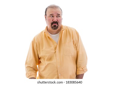 Distrustful skeptical middle-aged man with a goatee standing looking sideways to the right of the frame with a speculative look, part of a series on body language, isolated on white - Powered by Shutterstock