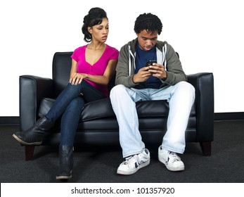 Distrusting Couple Snooping On Cell Phone Text Messages