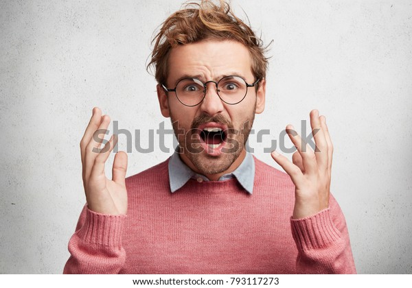 Disturbed Displeased Man Gestures Angrily Has Stock Photo 793117273 ...