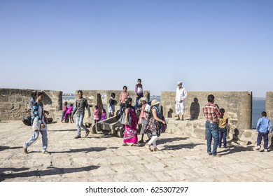 DIU, INDIA - FEBRUARY 21, 2017: The Fort Of Diu Has Been Buildt By The Portuguese During Their Colonial Rule Of The Diu Island. Many Poeple Are Visiting The Old Fort.