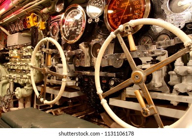 Dive Controls Inside The Conning Tower Of A U.S. Navy World War II Submarine