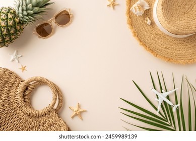 Dive into summer bliss: top view of straw hat, sunglasses, pineapple, woven bag, palm leaf, shells, and starfishes on a serene beige background, inviting summer vibes for your messages
