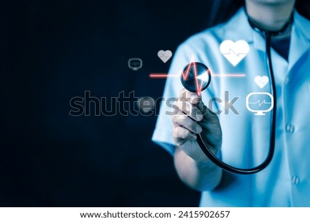 Dive into the world of health check and wellness monitoring with a doctor's hand presenting vital signs and heart rate icons, symbolizing comprehensive healthcare examination