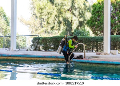 Diver Coming Out Of The Water By The Stairs Of The Pool After His Diving Class