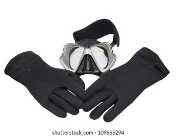 Diver Mask And Neoprene Gloves On White Background