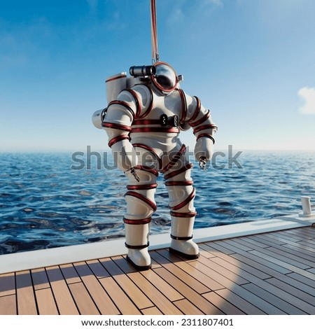 Diver in a newly-designed, high tech exosuit on board the ship. Unconventional gear to dive deeper than before. Underwater discovering. Submarine suit. Marine science. An atmosphere of great adventure