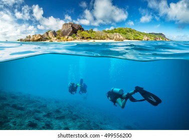 Divers below the surface in Seychelles exploring corlas