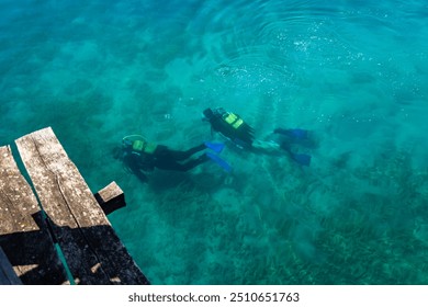 divers in black scuba diving suits, man and a woman with oxygen bottles sink under the transparent blue water in the Ohrid lake.

 - Powered by Shutterstock