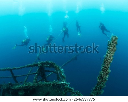 divers diving next to wreck of a of a sunken ship