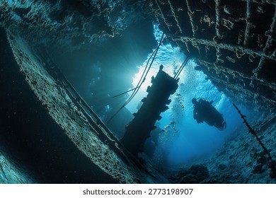 Divers explore the interior of a sunken shipwreck, illuminated by sunlight filtering through the water, creating a mysterious and captivating underwater scene.