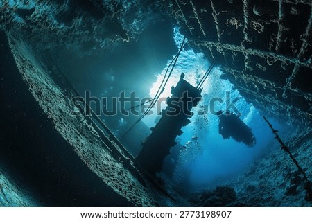 Divers explore the interior of a sunken shipwreck, illuminated by sunlight filtering through the water, creating a mysterious and captivating underwater scene.