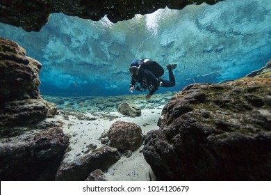 Divers Underwater Caves Diving Ginnie Springs Florida USA