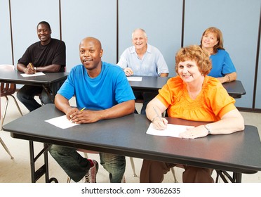 Diverse Adult Education Class, Various Ages And Ethnicities, Smiling And Happy.